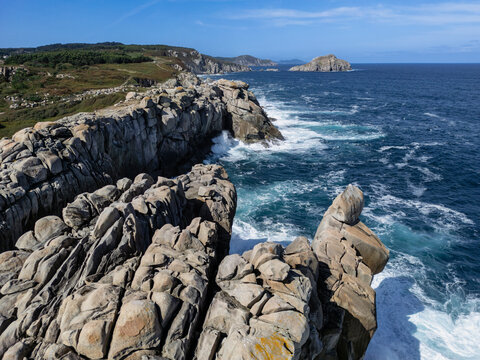 Aerial view of Punta Moras and the Paper Cliffs, a rock formation on the Galician coast. Xove, Lugo, Mari&ntilde;a Lucense, Galicia