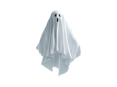 White fabric ghost with black eyes and mouth draped floating, Isolated, Png Transparent Background