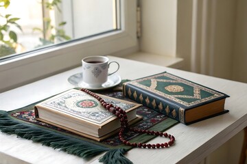 Holy book quran, prayer beads and a cup of coffee on a white table