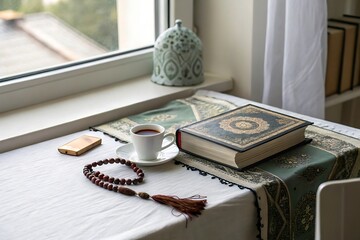 Holy book quran, prayer beads and a cup of coffee on a white table