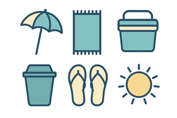 Simple icons for beach vacation and summer accessories like sun and umbrella