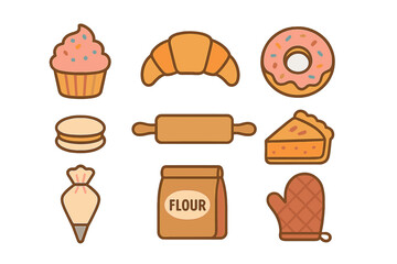 Collection of stylized icons for baking, pastry, and cooking tools