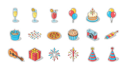 Fototapeta premium Colorful celebration elements set with food, drinks, and party icons