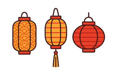 Collection of three traditional Chinese paper lanterns in orange and red colors