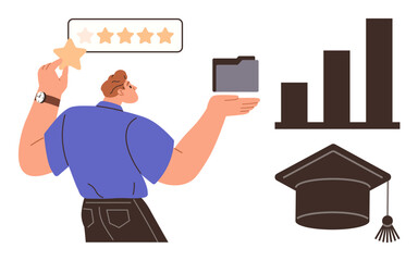 Person holding a folder and star. Adjacent bar chart and graduation cap highlight productivity, education, success, organization, ranking, growth, achievement. Simple flat metaphor