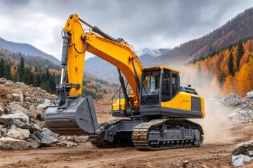 Yellow excavator working on a quarry in autumn mountains