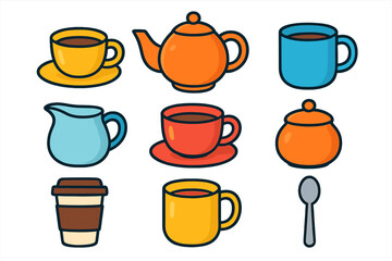 Colorful icons of coffee and tea serving ware for hot beverages