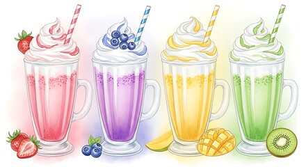 Four colorful fruit milkshakes with whipped cream and fruit garnishes.