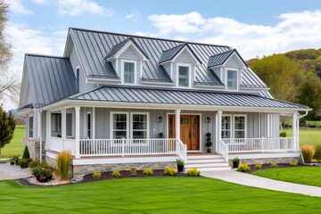 Modern farmhouse exterior with metal roof and front porch