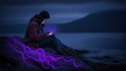 Mystical connection, woman using digital tablet under the starlight near the sea - Powered by Adobe