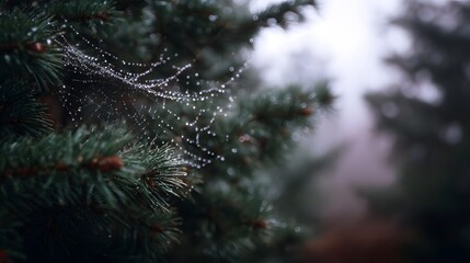 Glistening dewdrops adorn a delicate spider web strung between pine branches in a misty tranquil forest setting