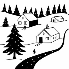 A minimalist line art landscape of a snowy village with a small Christmas tree, on white background