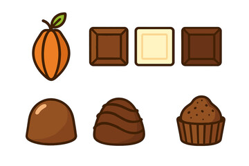 Assortment of chocolate products and cocoa pod icons