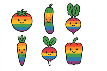 Happy vegetables with colorful rainbow stripes pattern