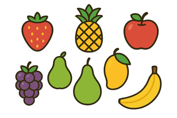 Assortment of colorful cartoon fruit icons including strawberry pineapple apple and banana