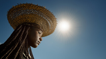 Zulu woman wearing a traditional basket hat
