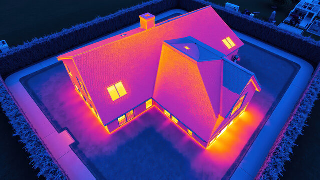 Thermal imaging of house shows heat distribution, highlighting energy efficiency and insulation quality. vibrant colors indicate temperature