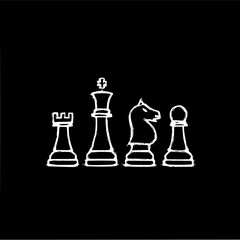 White chess pieces including rook, king, knight, and pawn on a black background in a sketch style design
