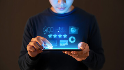 Man using a tablet with futuristic holographic interface and icons