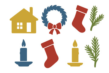 Collection of simple colorful holiday and winter icons for seasonal decoration