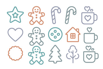 Outline icons set for holiday and winter themes in soft muted colors