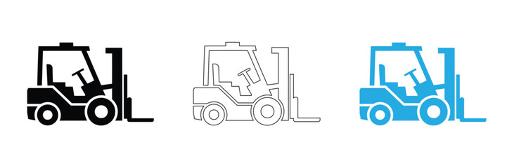 Sleek forklift icons in black, blue, and outline styles represent efficient logistics and industrial power, perfect for modern business applications.
