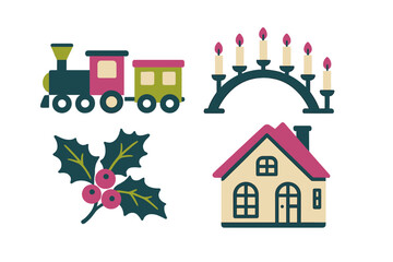 Christmas holiday icons set with train, candle holder, holly, and house
