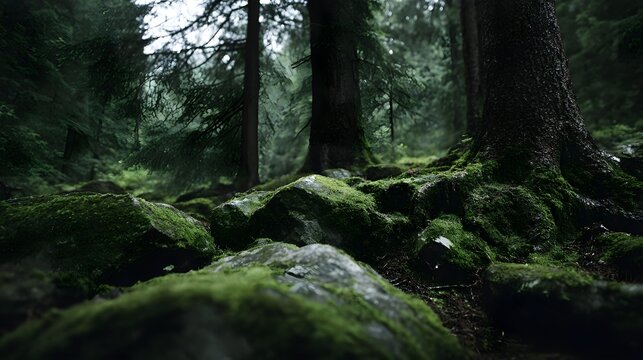 Deep within a dense ancient forest moss covered rocks and gnarled tree roots create a moody tranquil scene
