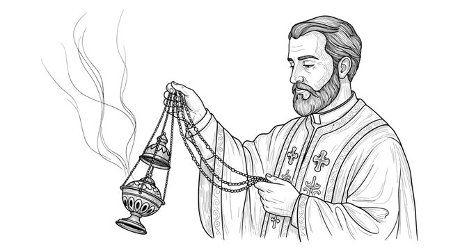 Orthodox priest holding censer in black and white line art