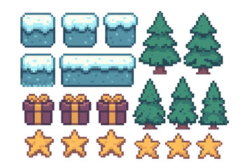 Pixel art winter game assets with snow blocks, pine trees, gifts, and stars