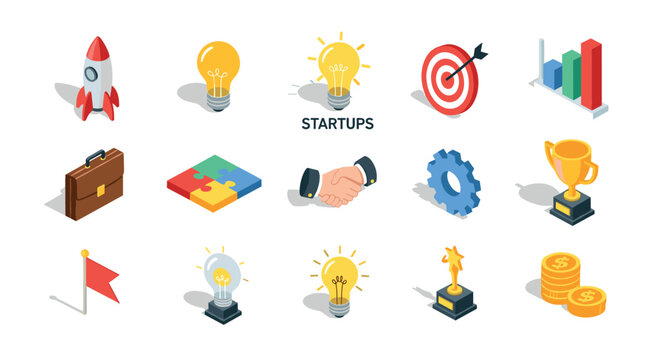 Modern isometric business icons for startups and innovation projects