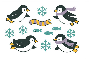Adorable cartoon baby penguins wearing scarves surrounded by falling snowflakes and small fish icons