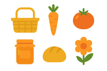 Harvest and picnic food icons featuring basket, carrot, tomato, jam, bread, and flower