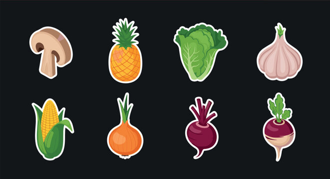 Colorful vegetable and fruit stickers on dark background for creative designs