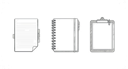 Hand drawn sketch of stationery: paper, notebook, and clipboard in detailed design