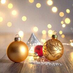 Ornate gold baubles with a red sphere and silver prism on wood