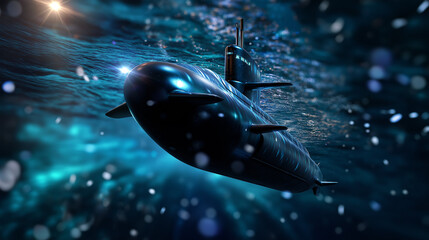 Faceless underwater close-up of submarine illuminated by diffuse blue light, softly blurred particles floating in calm water, with copy space