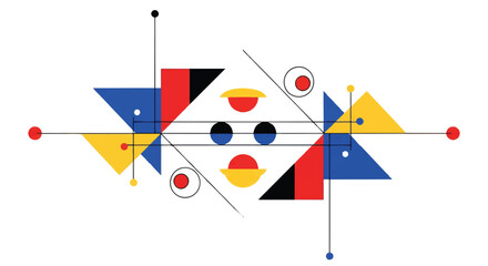 Geometric abstract composition with intersecting lines and colorful shapes on a white background.