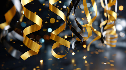 Faceless black and gold celebration setup with softly defocused streamers and glittering confetti in the air, cinematic lighting, with copy space.
