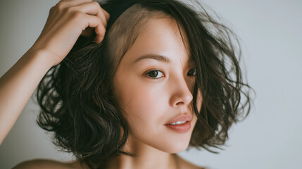 A young woman taking off her wig, conveying the theme of leukemia