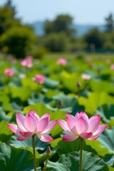 Obraz premium Vibrant Pink Lotus Flowers Serene Water Garden