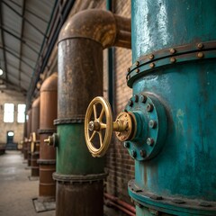 Old rusty oil pump with metal pipes and industrial machinery
