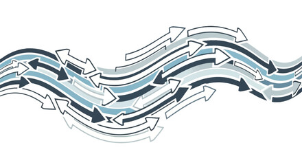 A graphic illustration of wavy arrows in various shades of blue and gray pointing in multiple directions on a white background with a mix of light and dark colors.