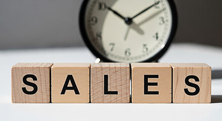 Wooden blocks spelling "sales" with a clock in the background emphasizing time management and business growth for increased revenue