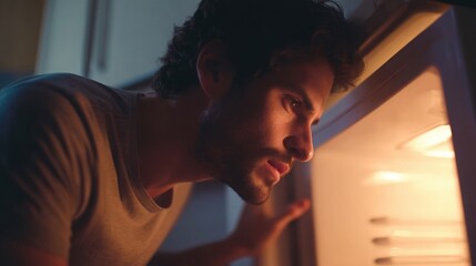 a man opening refrigerator at night, soft fridge light illuminating his , modern kitchen, realistic close up scene of late night habit