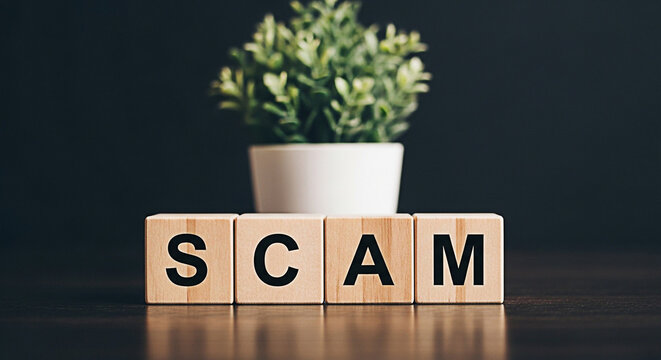Wooden blocks spelling scam on a dark surface with a plant in the background representing fraud prevention and financial awareness