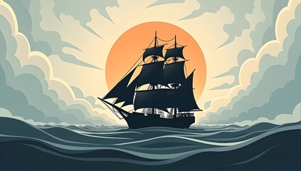 Majestic tall ship sailing towards a dramatic sunset