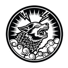 Howling Wolf Head Emblem with Lightning Vector for T-Shirt Design