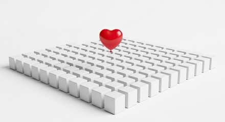 Red heart shaped balloon above white cubes concept of individuality