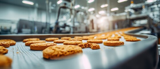 The Cookies on a Conveyor Belt in a Commercial Bakery Production Line